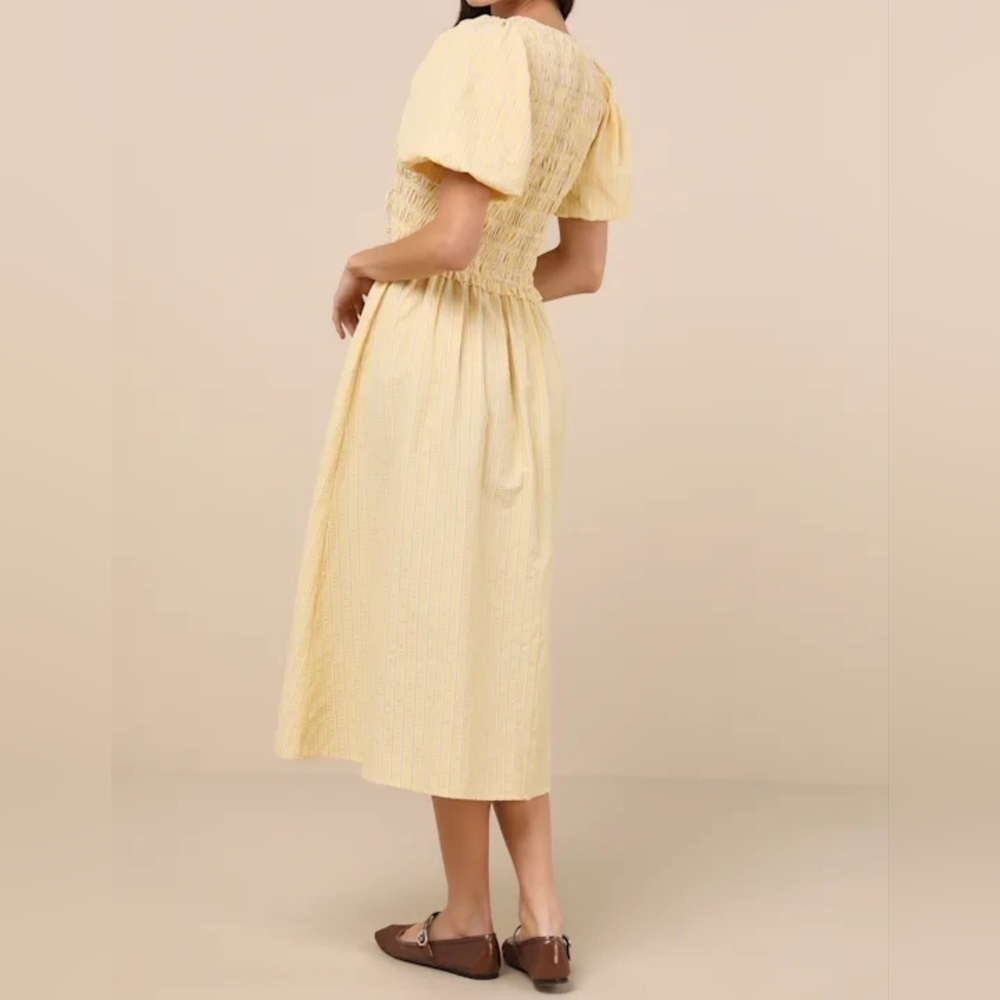 Extro&Vert Sara Yellow Striped Smocked Short Puff Sleeve Cut Out Midi Dress — image 3 of 8